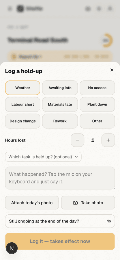 Sitefile hold-up logger: cause buttons for weather, awaiting information, no access, materials late and plant down, with hours lost, task and photo attach