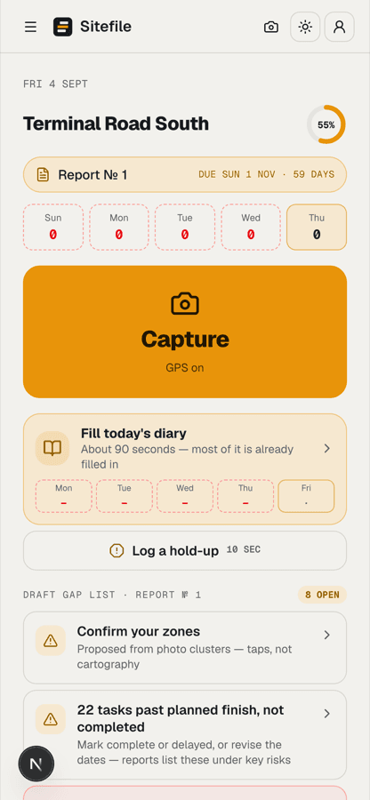 Sitefile phone home screen: Capture button, today's diary card, hold-up logger and the report gap list