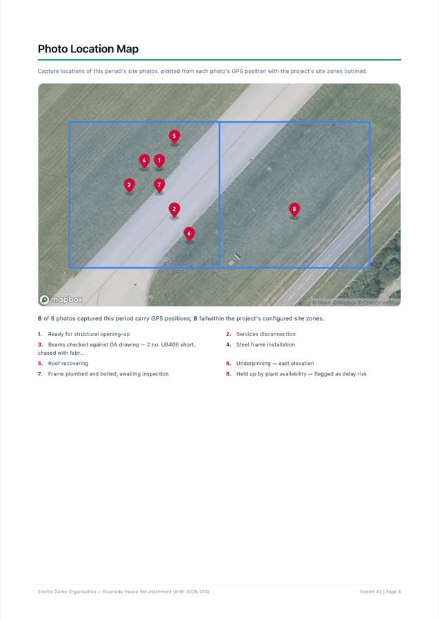 Sitefile report Photo Location Map page: numbered photo pins plotted on satellite imagery with site zones outlined