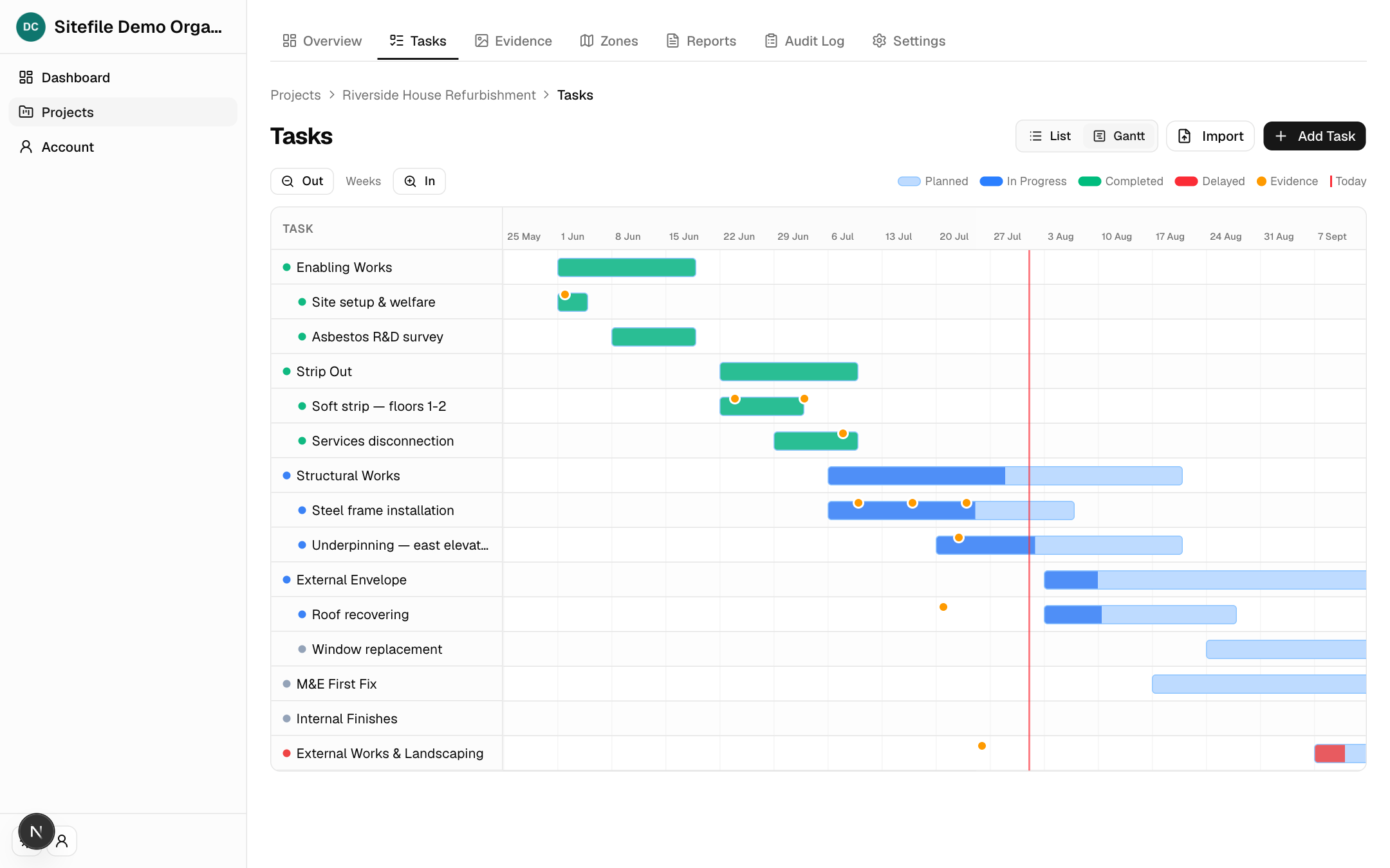 Sitefile programme Gantt view with evidence markers