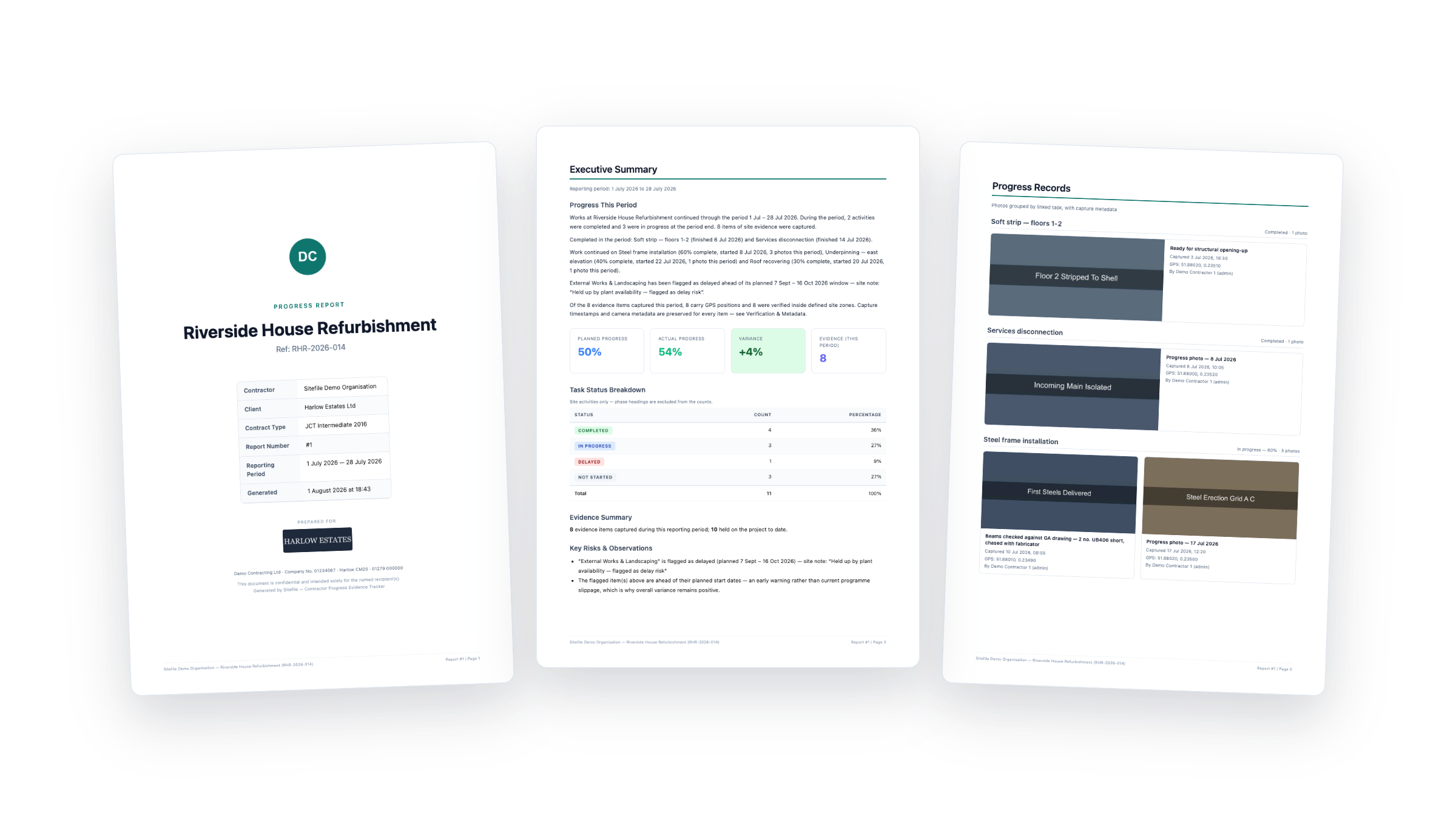 A generated Sitefile progress report — branded cover, executive summary with written narrative, and photo records